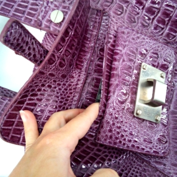 Jessica Simpson Faux Crocodile Purple Shoulder Bag Vegan Handbag Purse Gingham - Picture 11 of 15